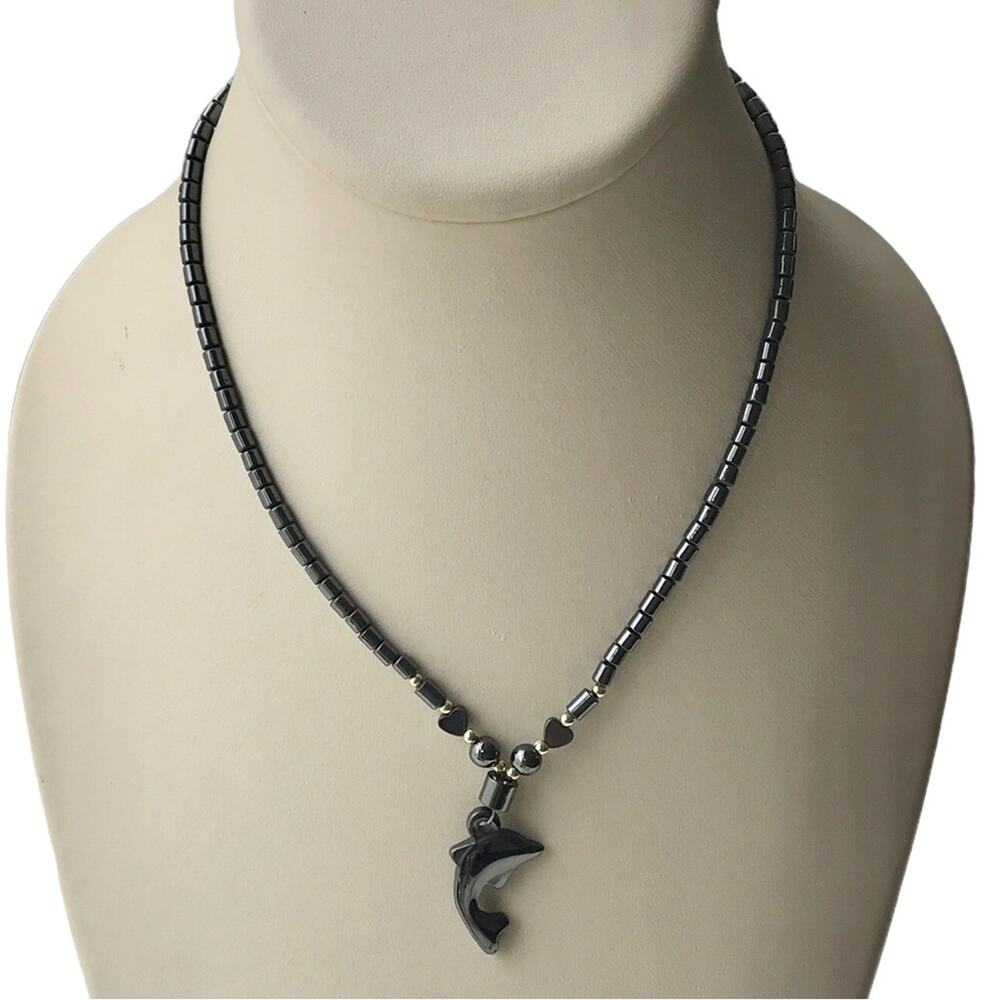 Black Hematite Stone Dolphin Pendant Beaded Necklace